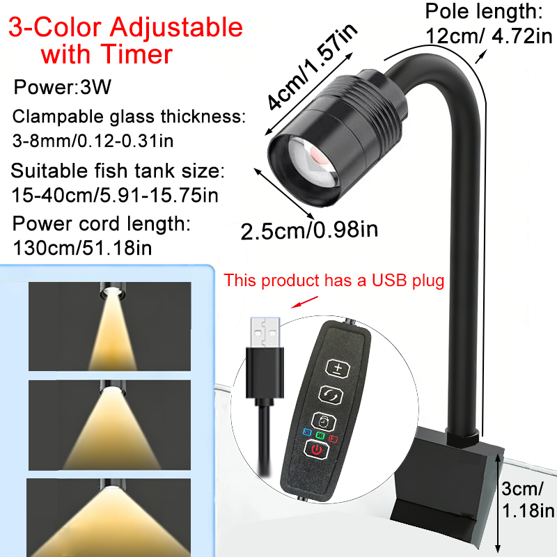 Aquarium Plant Light - USB 3W Zuid-Amerikaanse Aquariumspotlight 3-kleurig dimbaar